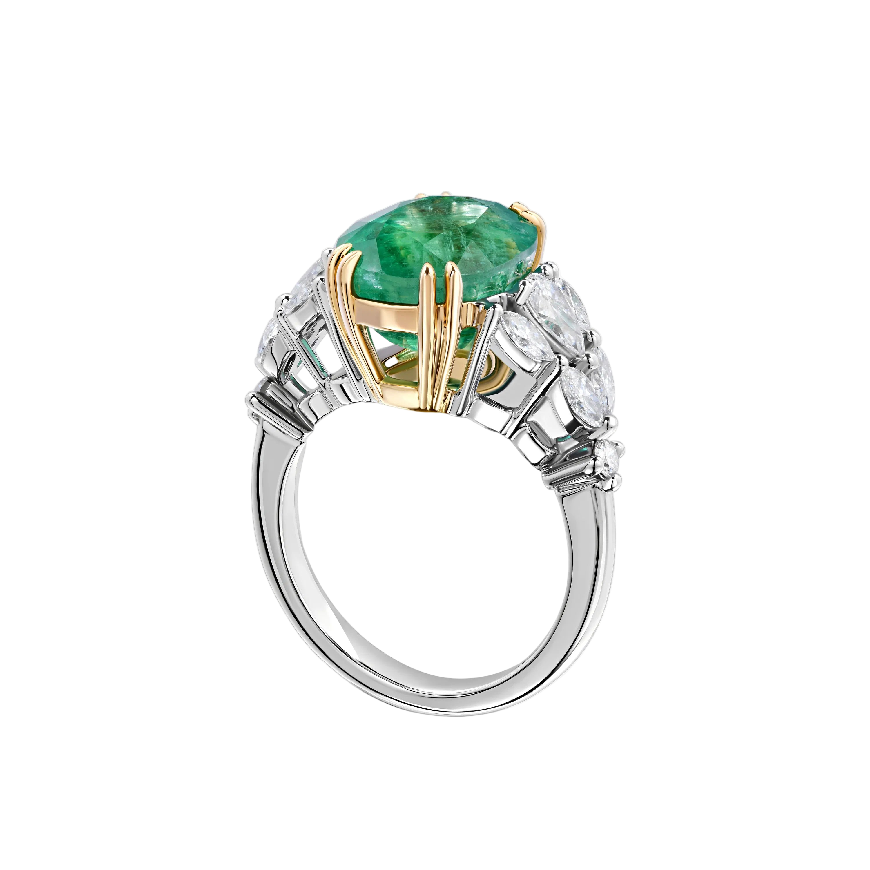 18k Solid White Gold Zambian Emerald and Diamond Statement Cocktail Ring 6.85 CTW