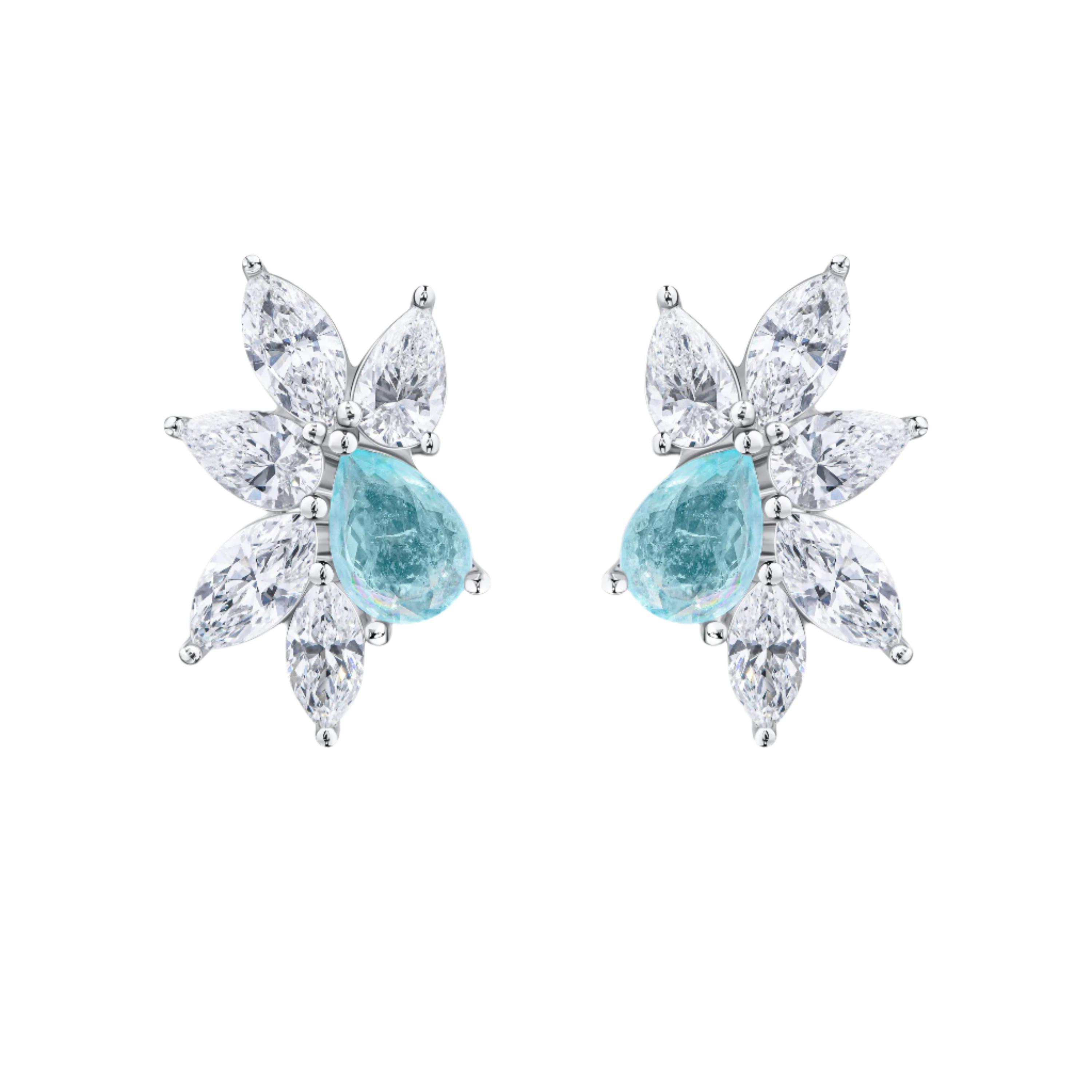18k Solid White Gold Neon Blue Tourmaline and Diamond Stud Earrings 3.20 CTW