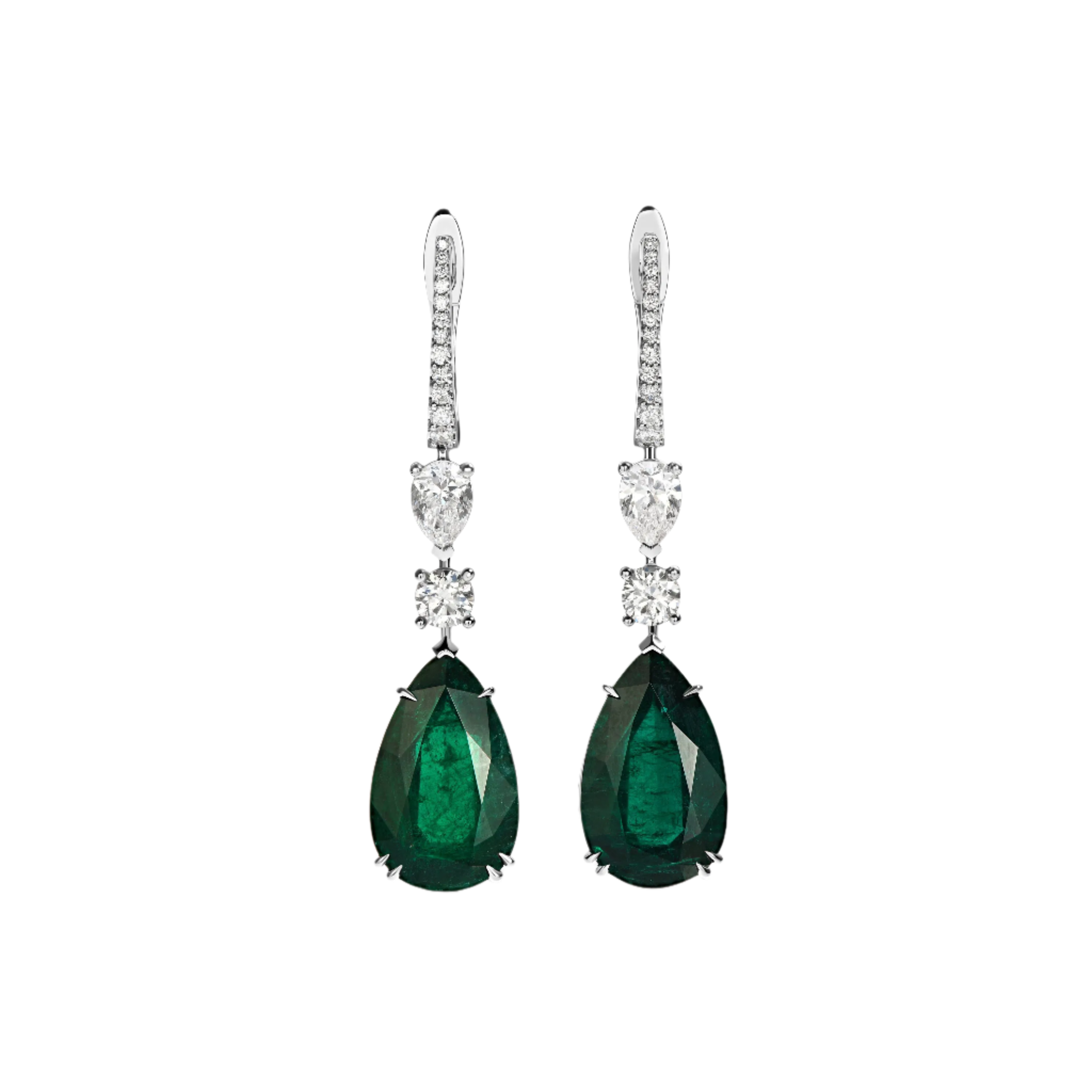 18k Solid White Gold Colombian Emerald and Diamond Estate Style Earrings 10.55 CTW