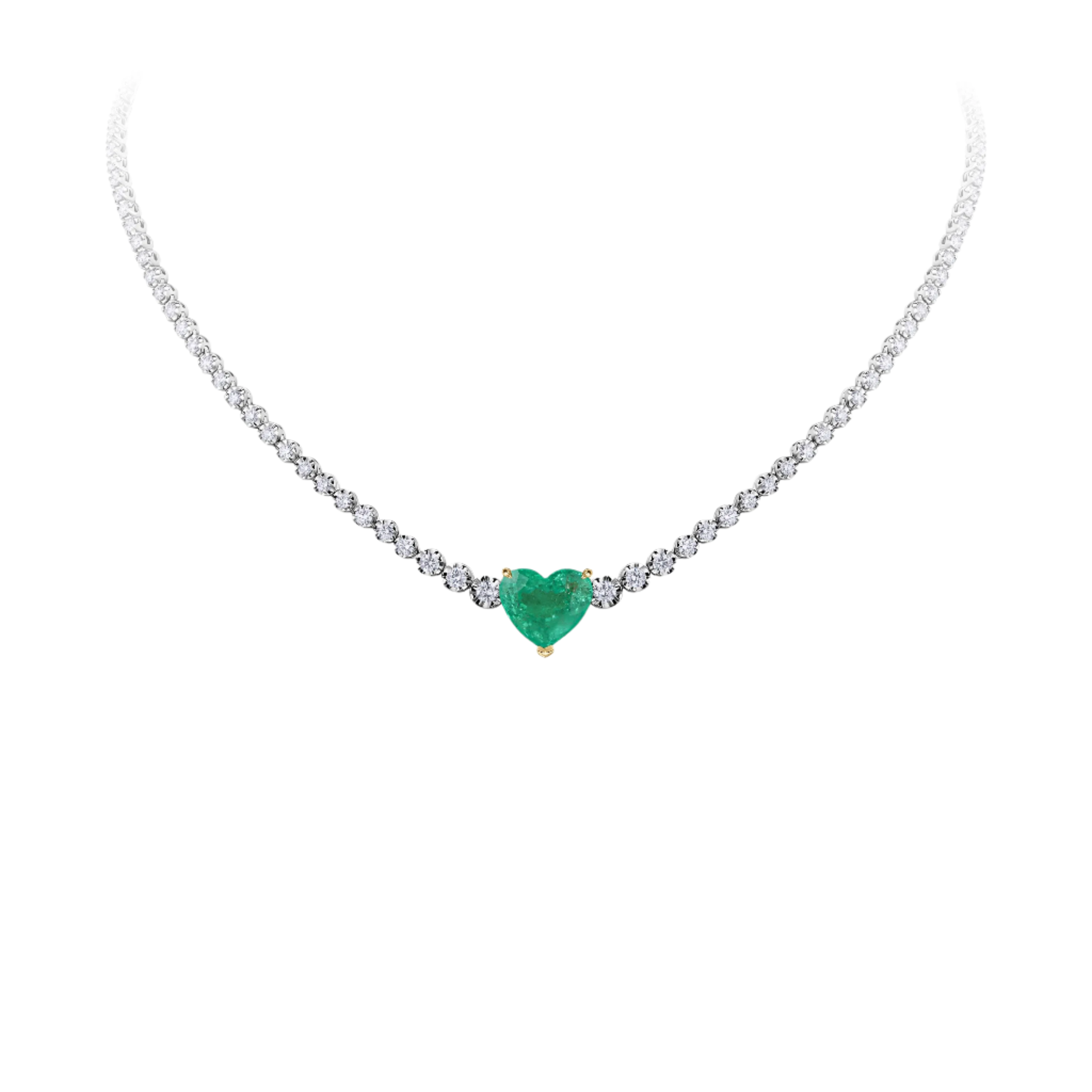 18k Solid White Gold Diamond Riviera Necklace with Heart-Shaped Colombian Emerald 15.77 CTW