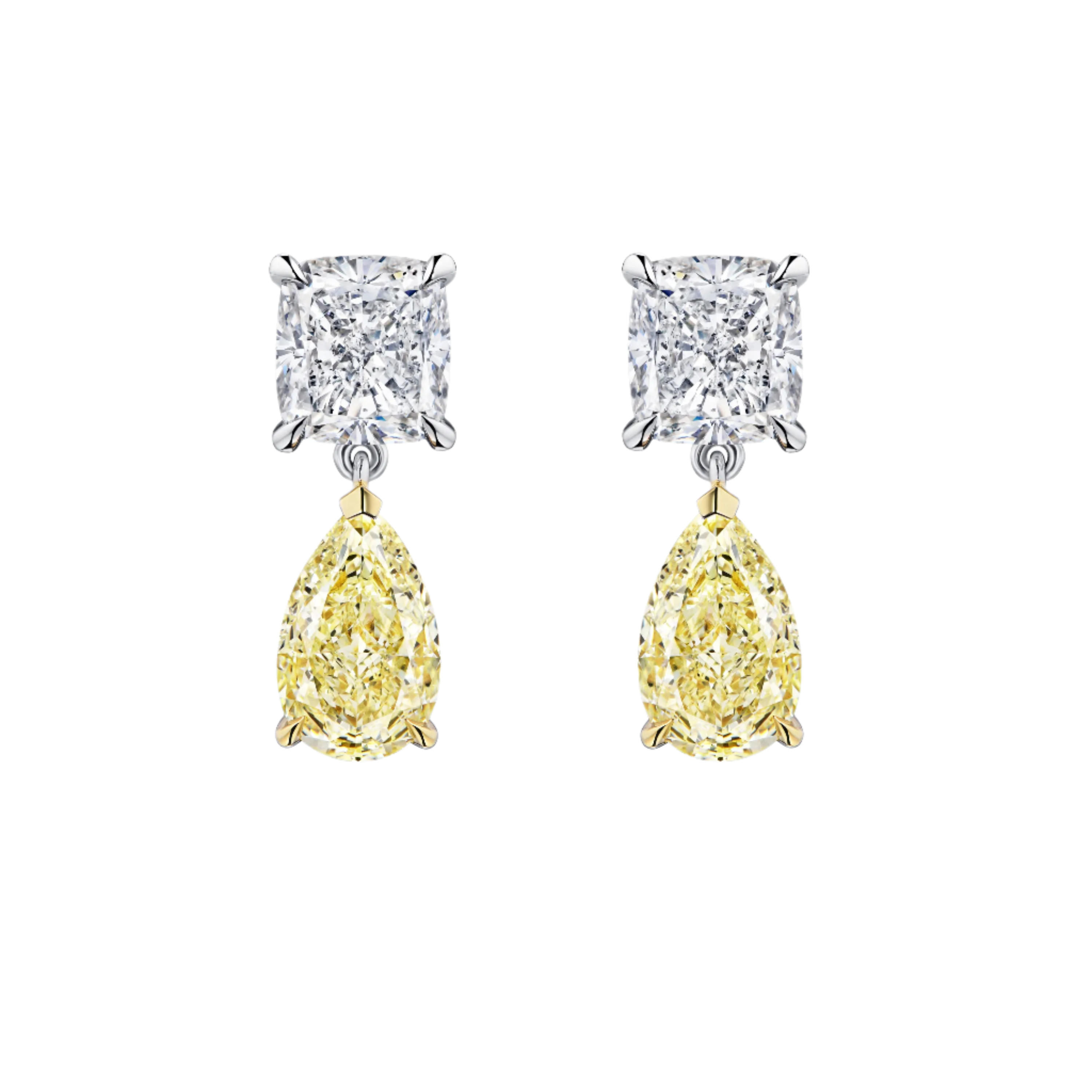 18k Solid Gold Fancy Yellow and White Diamond Drop Earrings 3.20 CTW